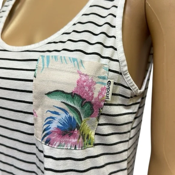 Rip Curl White and Black Striped Tank Top with Tropical Pocket Womens Small - Picture 3 of 10